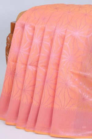 peach semi cotton saree with zari border and floral motifs