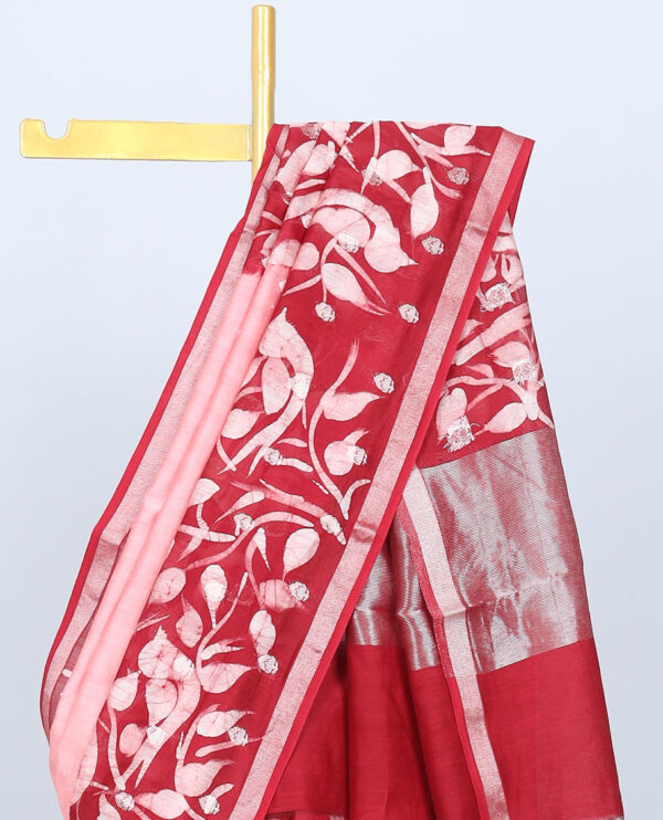 pink chanderi cotton saree with floral vine and bird printed border