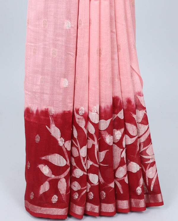 pink chanderi cotton saree with floral vine and bird printed border