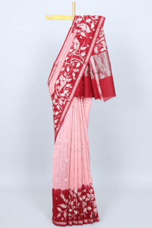 pink chanderi cotton saree with floral vine and bird printed border