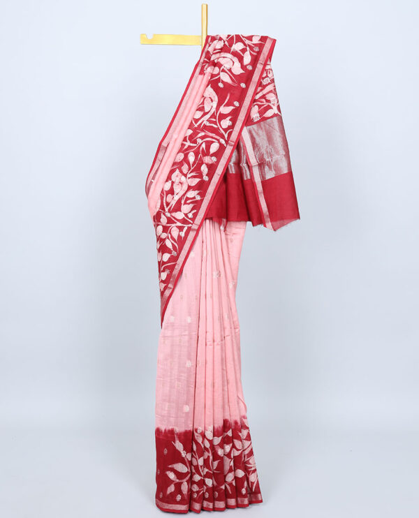 pink chanderi cotton saree with floral vine and bird printed border