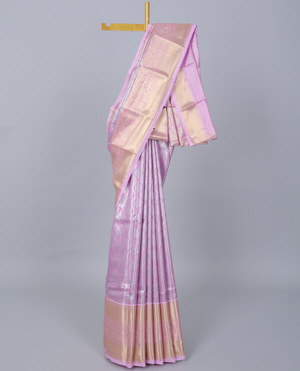 pink jacquard saree with traditional zari border and intricate pallu