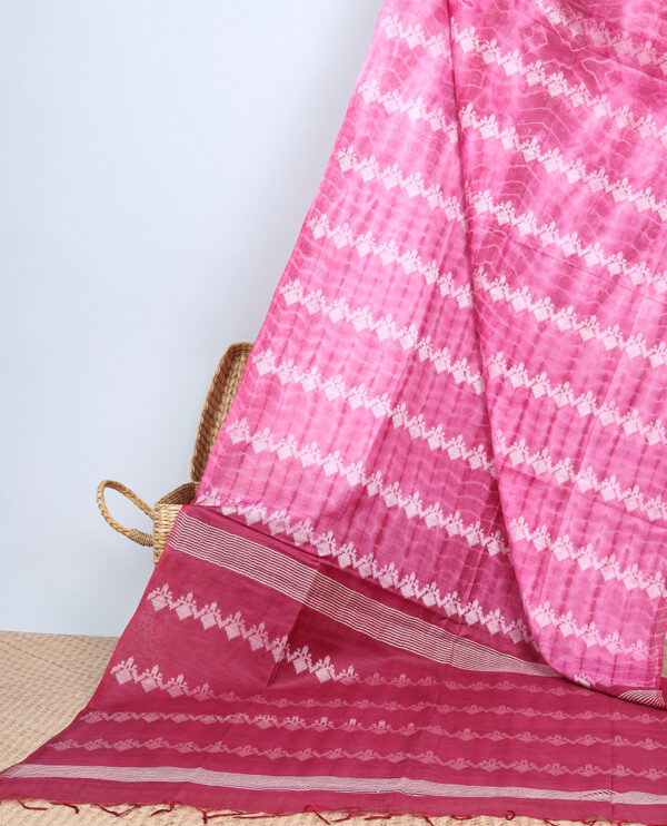 pink linen cotton shibori printed bhagalpuri saree with buttas