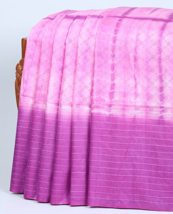 pink linen cotton shibori printed bhagalpuri saree with contrast striped border