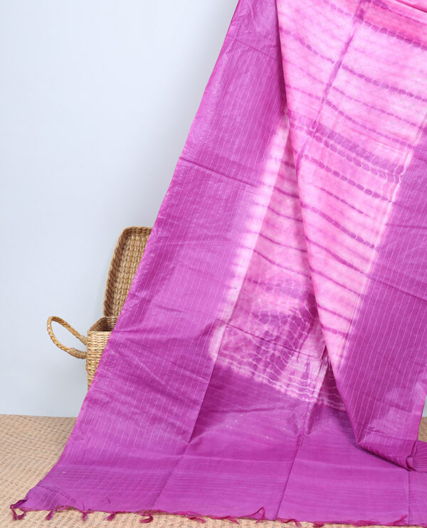 pink linen cotton shibori printed bhagalpuri saree with contrast striped border