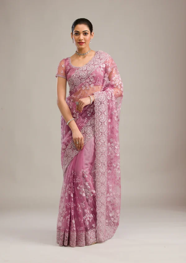 pink net saree with zari work and embroidery