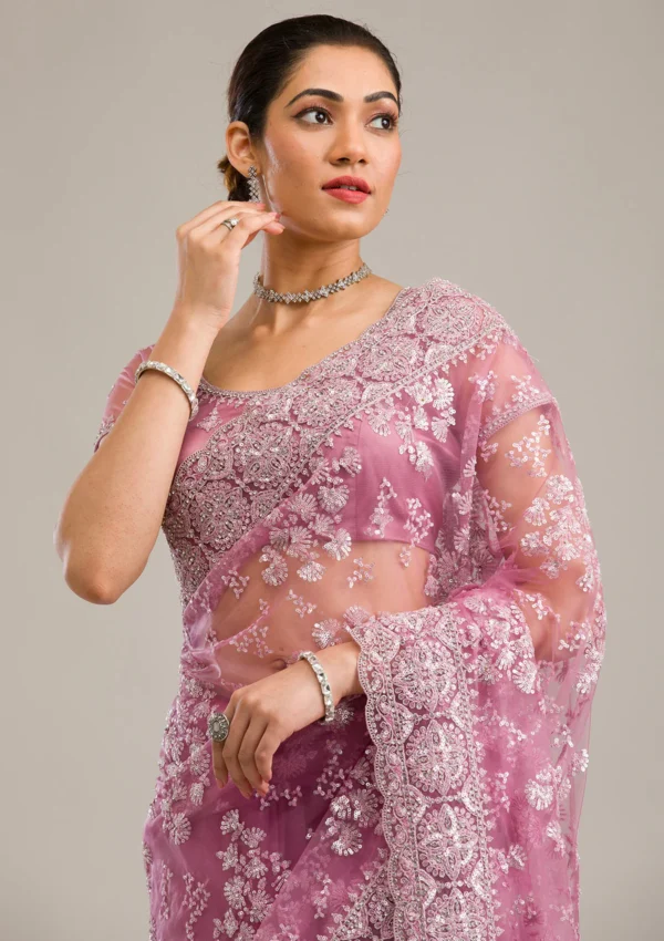 pink net saree with zari work and embroidery