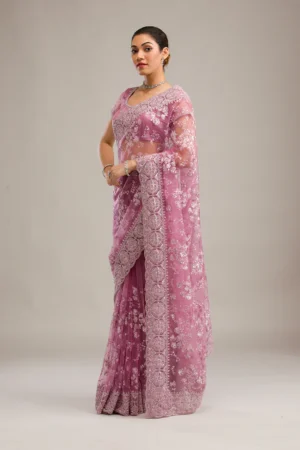 pink net saree with zari work and embroidery