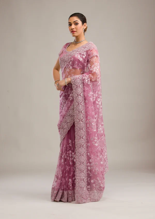 pink net saree with zari work and embroidery