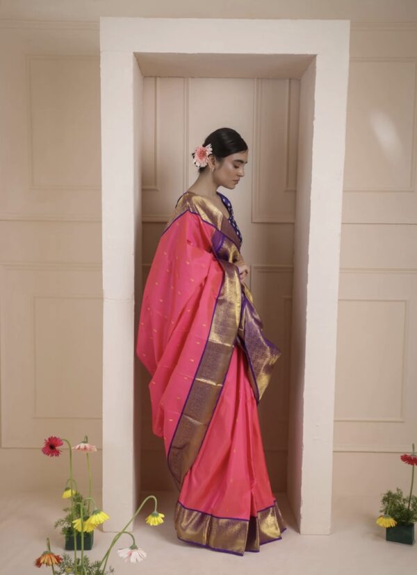 punch pink kanjivaram silk saree with zari border