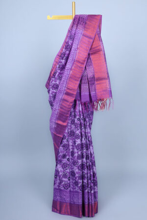 purple chanderi cotton saree with floral motif, zari border, and geometric pallu