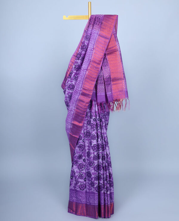 purple chanderi cotton saree with floral motif, zari border, and geometric pallu