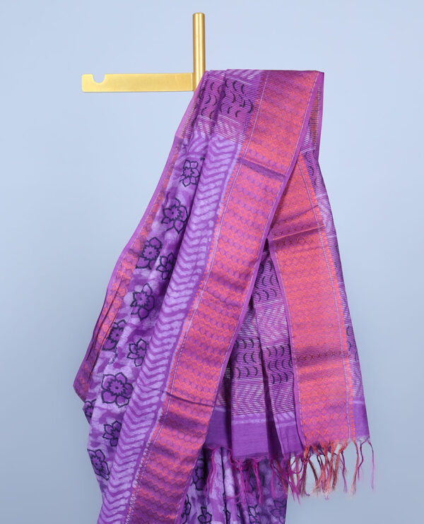 purple chanderi cotton saree with floral motif, zari border, and geometric pallu