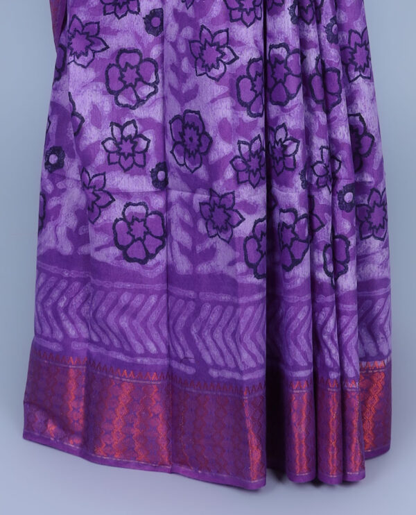 purple chanderi cotton saree with floral motif, zari border, and geometric pallu