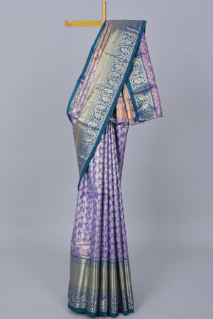 purple jacquard saree with contrast traditional border and jaal pallu