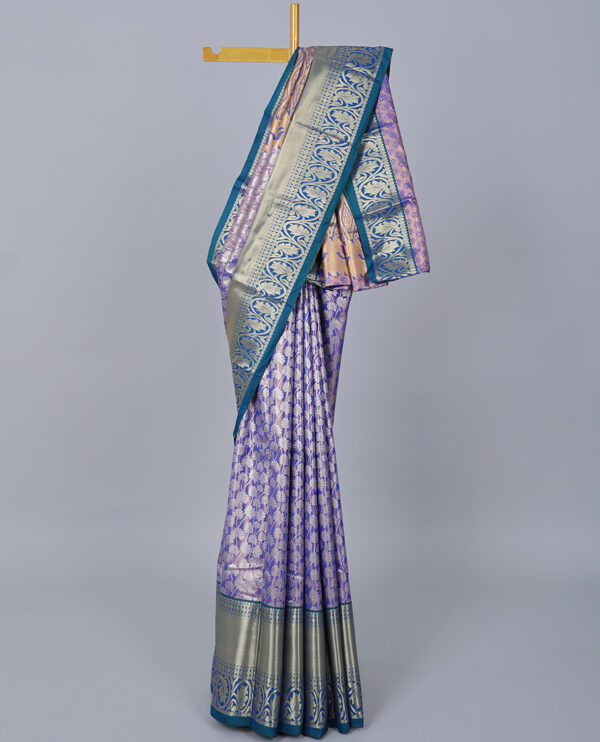 purple jacquard saree with contrast traditional border and jaal pallu