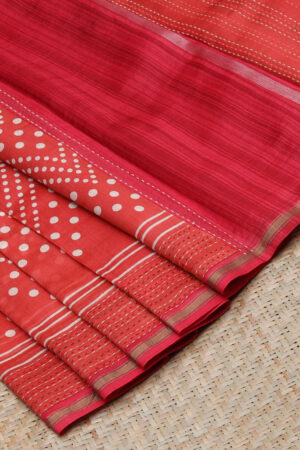 red chanderi cotton saree with polka dots and contrast border