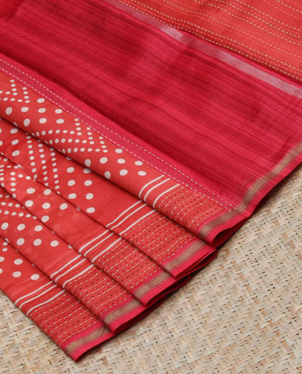 red chanderi cotton saree with polka dots and contrast border