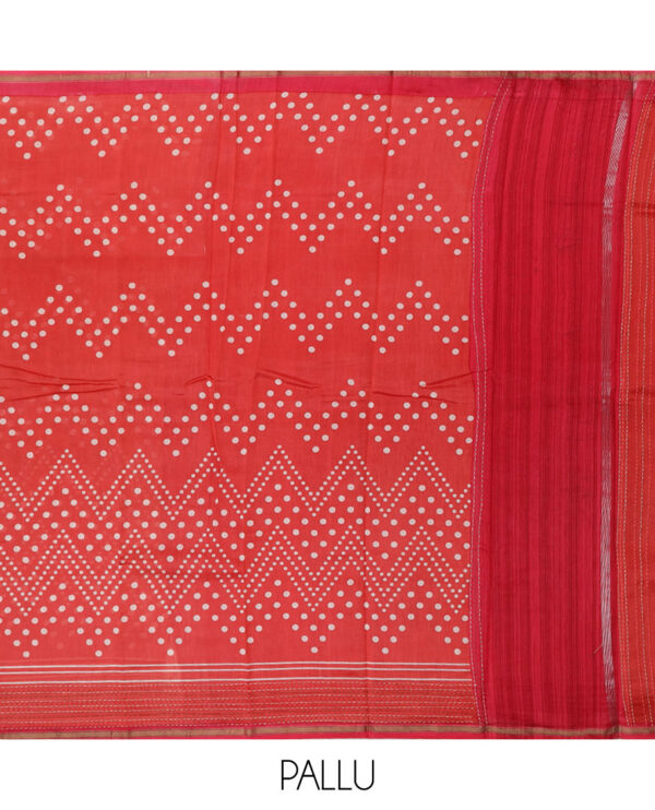 red chanderi cotton saree with polka dots and contrast border