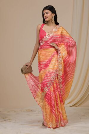 red semi crepe printed embroidered saree