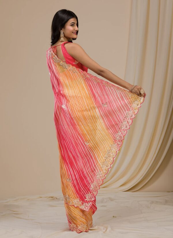 red semi crepe printed embroidered saree