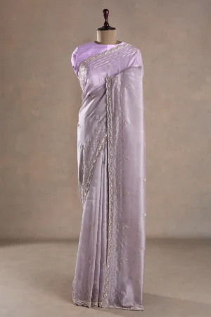 rhapsody purple tissue saree with gold embroidered border