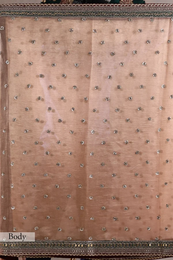 rose gold pink crushed tissue saree with cutdana, dori, and sequins work