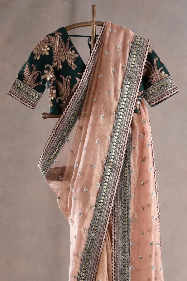 rose gold pink crushed tissue saree with cutdana, dori, and sequins work