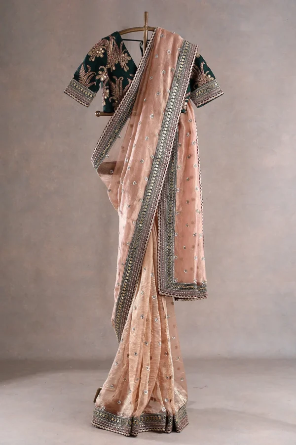 rose gold pink crushed tissue saree with cutdana, dori, and sequins work