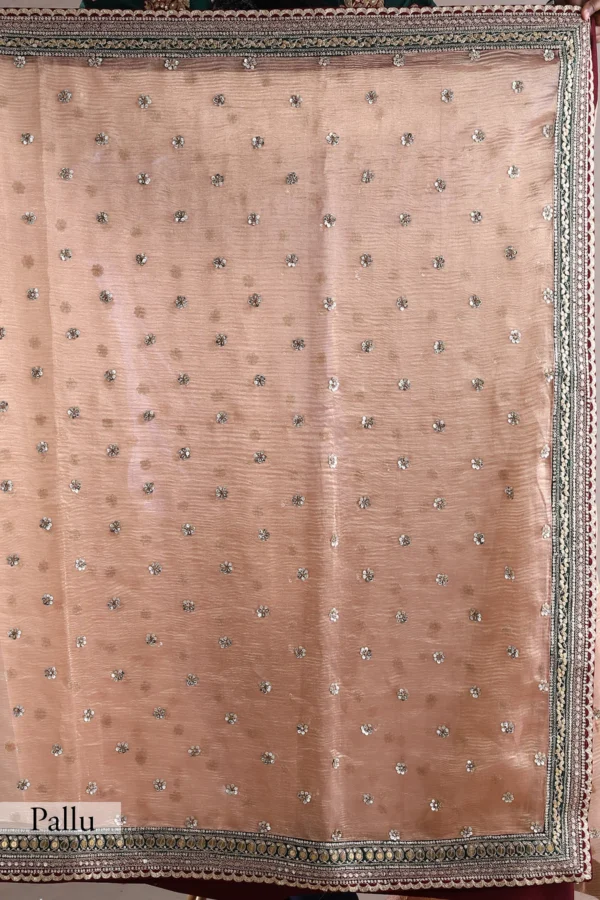 rose gold pink crushed tissue saree with cutdana, dori, and sequins work