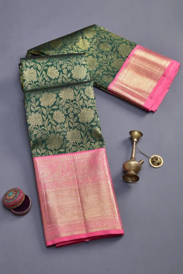 sacramento green kanchipuram silk saree with gold & camellia rose zari border