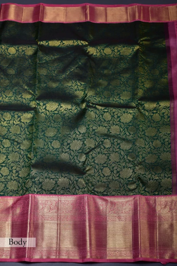 sacramento green kanchipuram silk saree with gold & camellia rose zari border