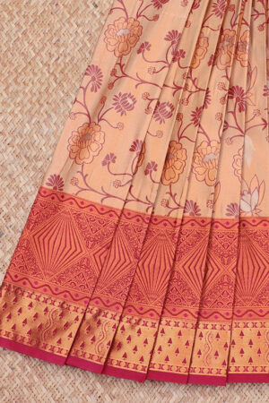 sandal art silk saree with floral vine contrast border and jacquard zari work