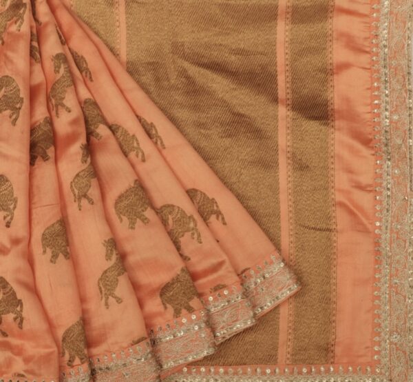 sunrise orange silk saree with elephant motif and intricate weaving