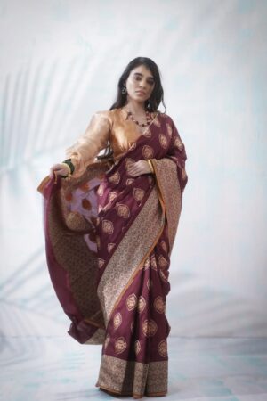 vermillion red banarasi silk saree with intricate border