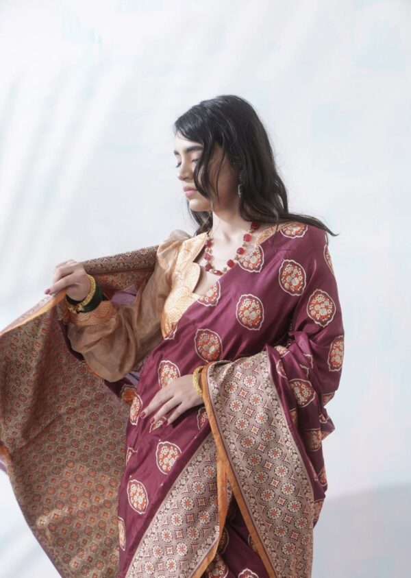 vermillion red banarasi silk saree with intricate border