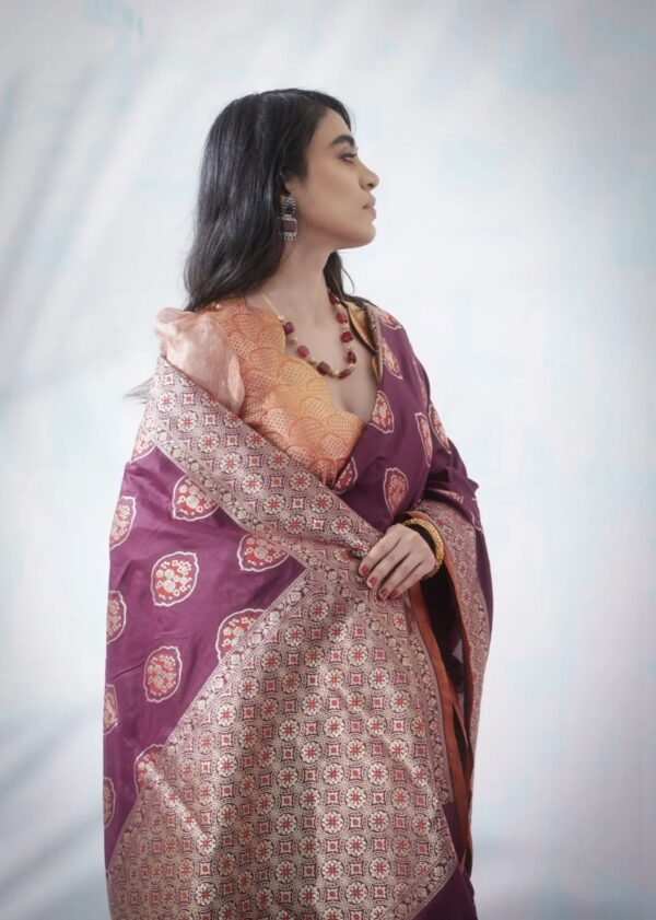 vermillion red banarasi silk saree with intricate border