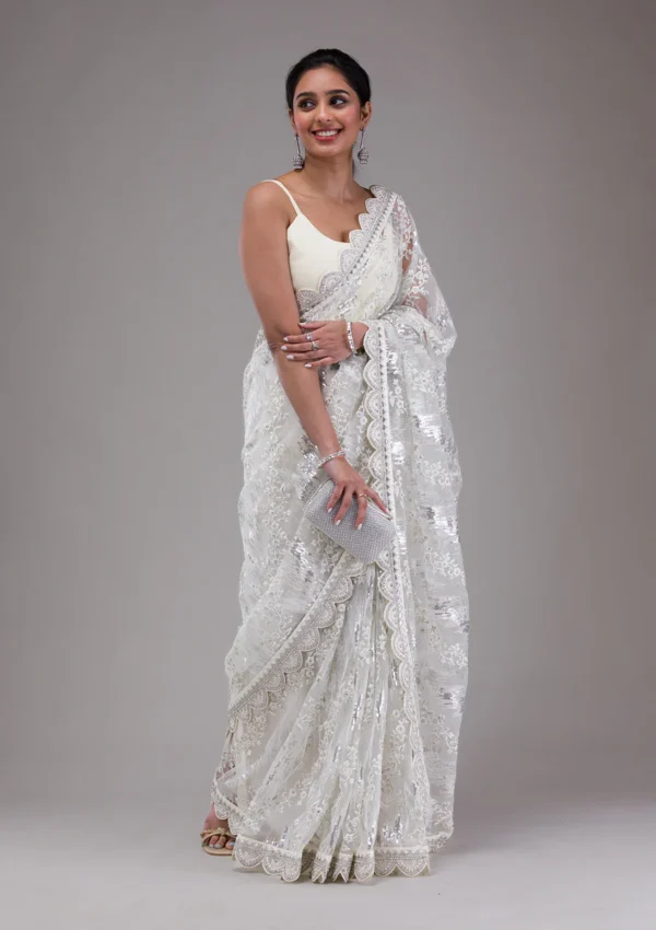 white net saree with sequins detailing