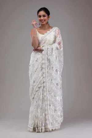 white net saree with sequins detailing