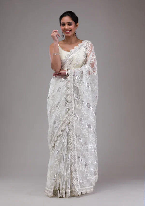 white net saree with sequins detailing