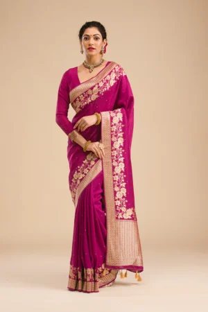 wine banarasi silk saree with intricate zari embroidery