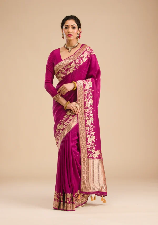 wine banarasi silk saree with intricate zari embroidery