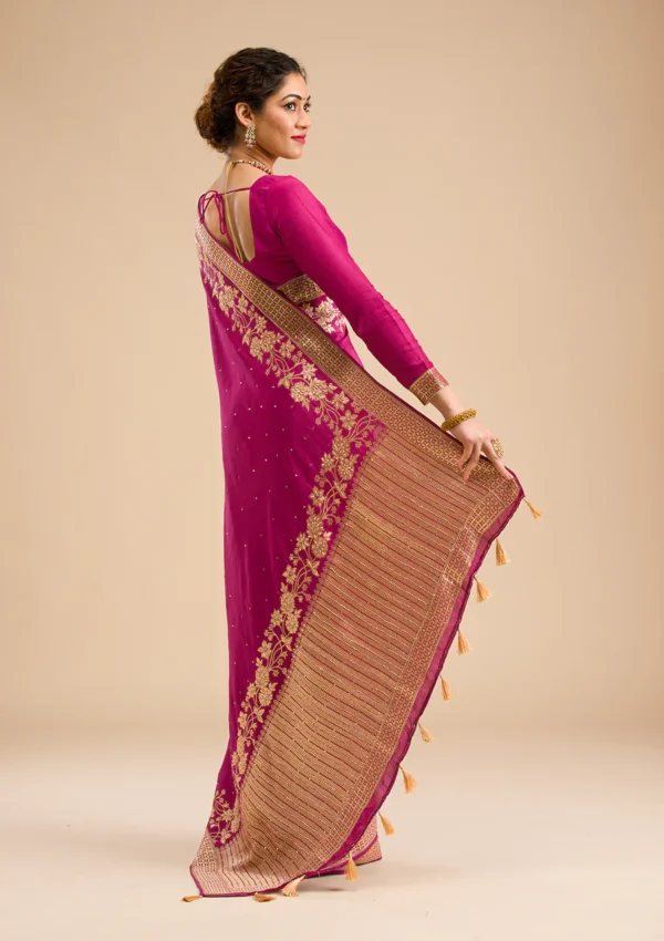 wine banarasi silk saree with intricate zari embroidery