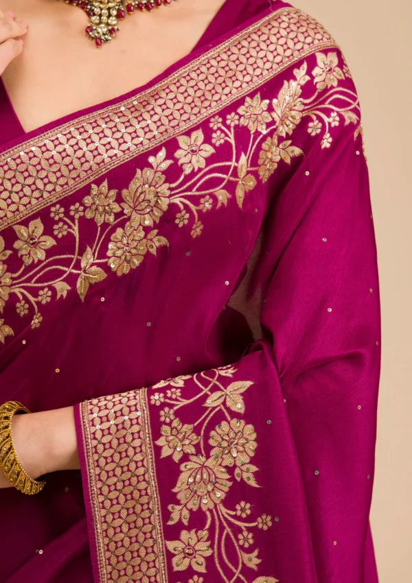 wine banarasi silk saree with intricate zari embroidery