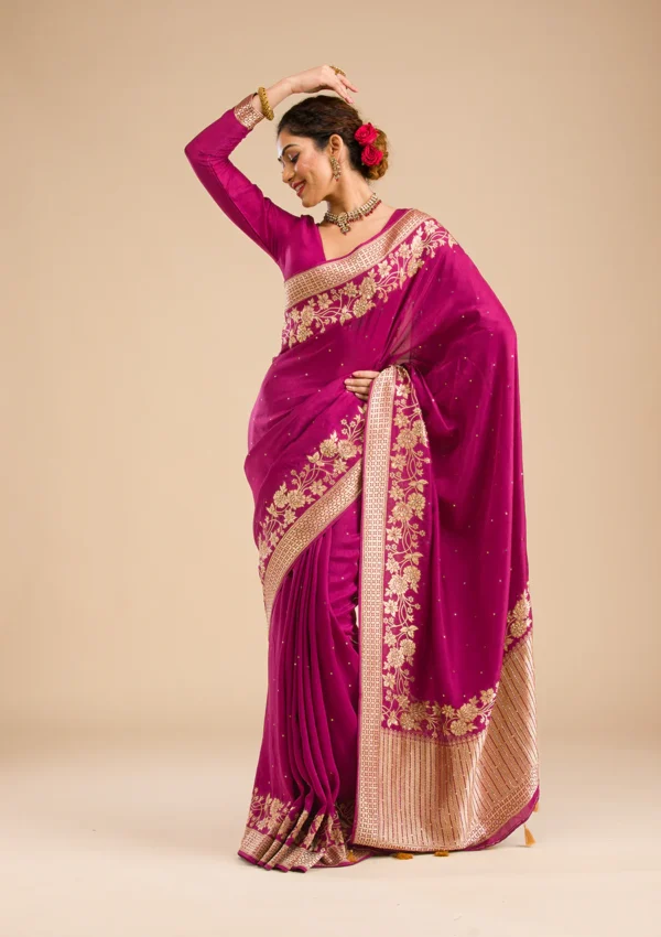 wine banarasi silk saree with intricate zari embroidery