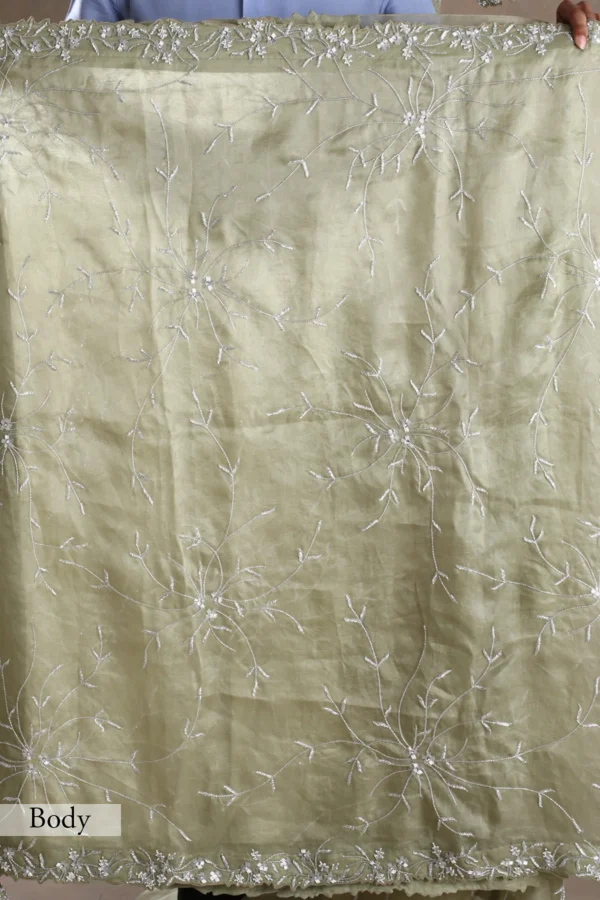 winter pear green organza saree with cutdana, sequins & pearl work