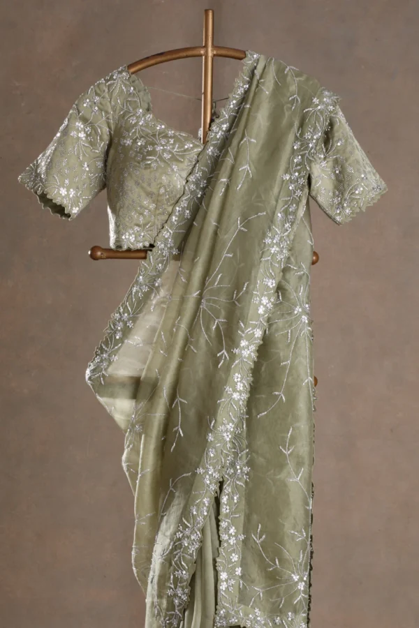 winter pear green organza saree with cutdana, sequins & pearl work