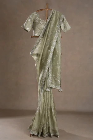 winter pear green organza saree with cutdana, sequins & pearl work