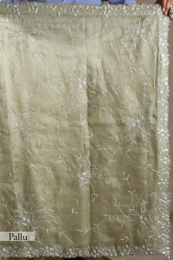 winter pear green organza saree with cutdana, sequins & pearl work