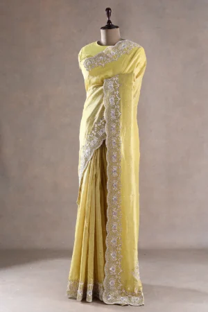 yellow & peach ombre tissue organza saree with gota dori and sequins embroidery